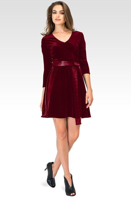 Millie Deep Red Stretch Velvet V-Neck Aline Dress With Satin Belt