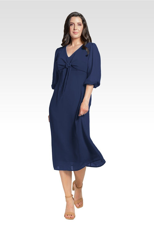 Kenna Women's Tie Front Puff Sleeves Midi Dress - Deep Ocean