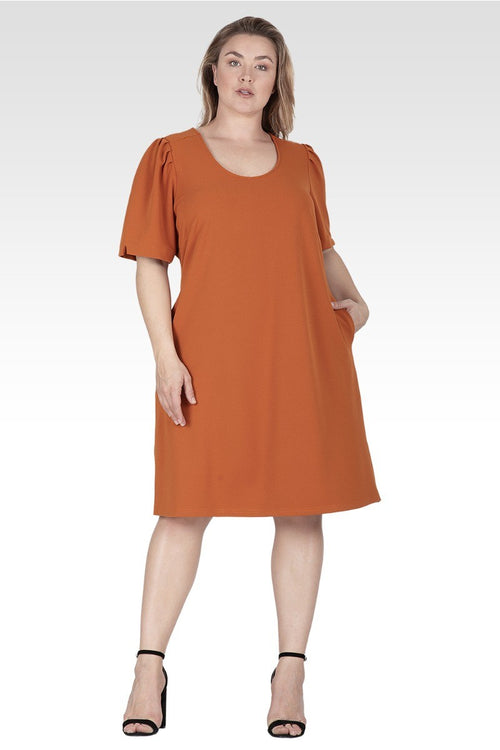 Alice Women's Plus Size Puffed Sleeves Scoop Neck Midi Dress - Timber