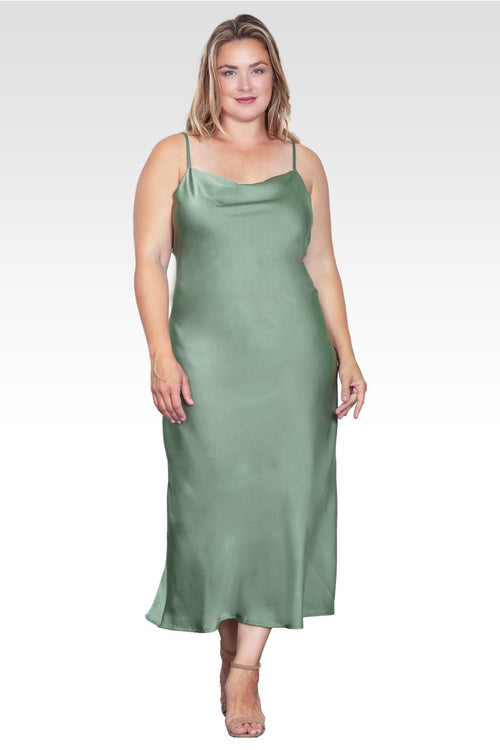 Plus Size Cowl Neck Spaghetti Strap Satin Slip Dress - Bay Leaf Plus Size Cowl Neck Spaghetti Strap Satin Slip Dress - Bay Leaf
