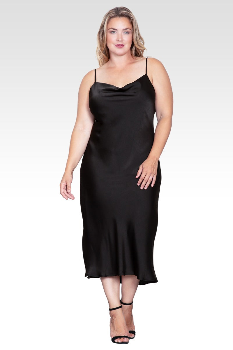 Plus Size Cowl Neck Spaghetti Strap Satin Slip Dress - Black StandardandPractices Plus Size Cowl Neck Spaghetti Strap Satin Slip Dress - Black StandardandPractices