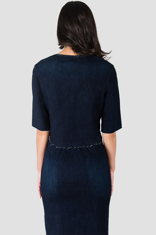 Elanse Frayed Hem Snap Button Cropped Collarless Indigo Denim Jacket