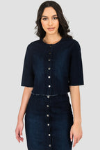 Elanse Frayed Hem Snap Button Cropped Collarless Indigo Denim Jacket