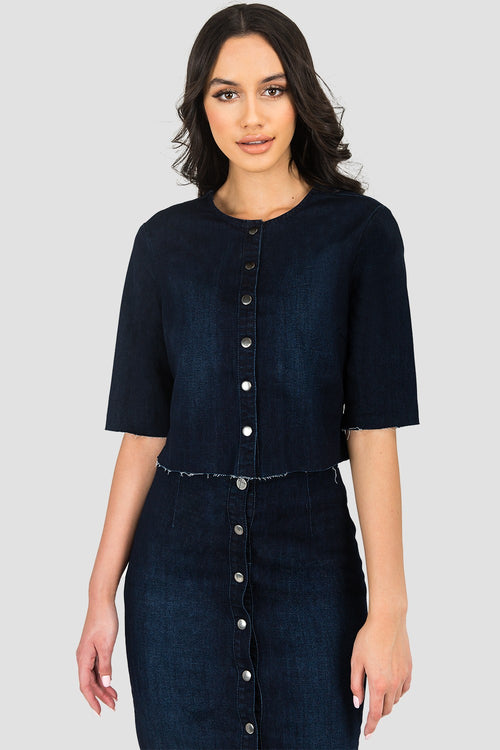 Elanse Frayed Hem Snap Button Cropped Collarless Indigo Denim Jacket