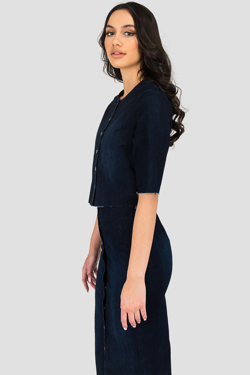 Elanse Frayed Hem Snap Button Cropped Collarless Indigo Denim Jacket