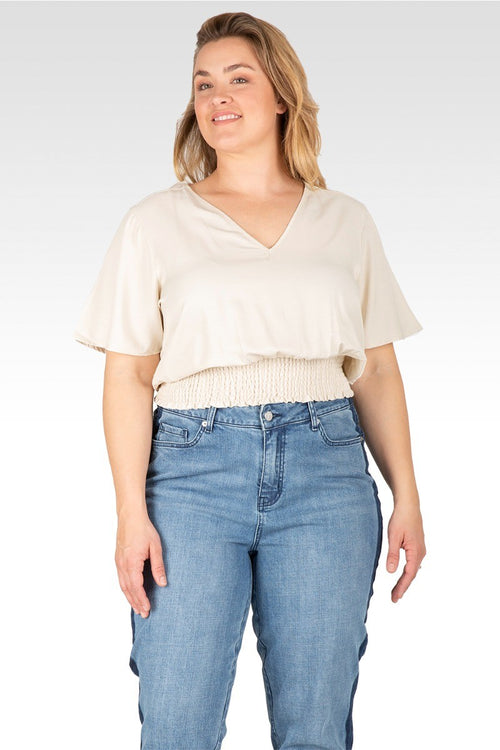 Allie Women's Plus Size V Neck Short Sleeve Smocking Waist Blouse
