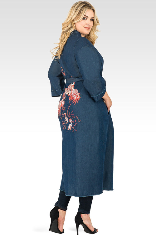 Plus Size Kumiko Denim Bird Print Back Short Sleeve Kimono Duster Jacket