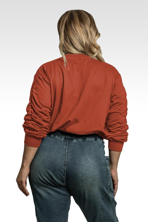 Arie Women's Plus Size French Terry Long Sleeve Ruched Pullover Sweatshirt