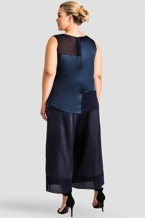 Plus Size Women's Blue Sleeveless Top in Sateen and Chiffon