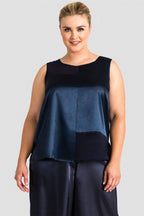 Plus Size Jenny Midnight Blue Sateen and Chiffon Block Sleeveless Shirt