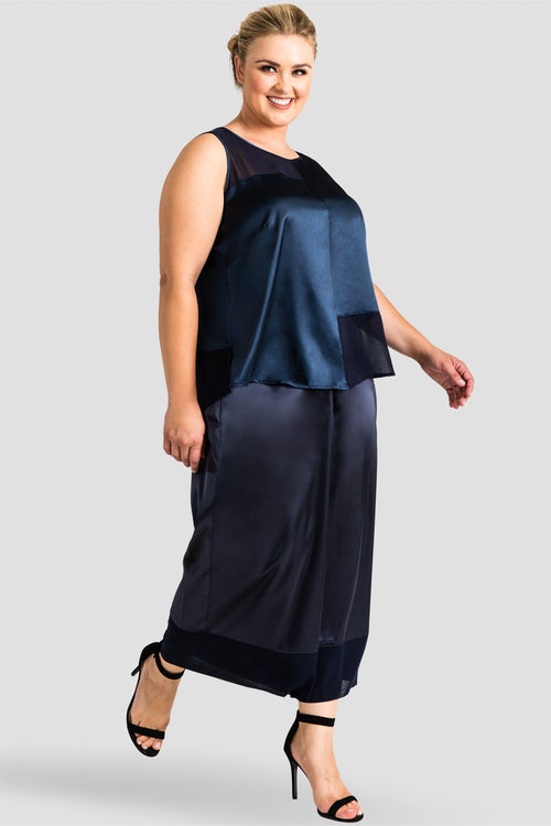 Plus Size Women's Midnight Blue Sateen and Chiffon Sleeveless Shirt