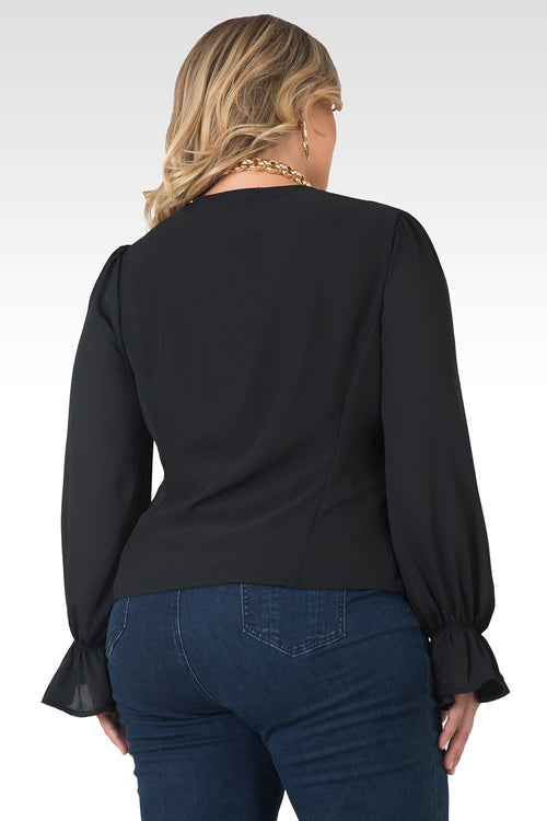 Plus Size Vera Solid Tie Front Flute Sleeve Blouse-Black