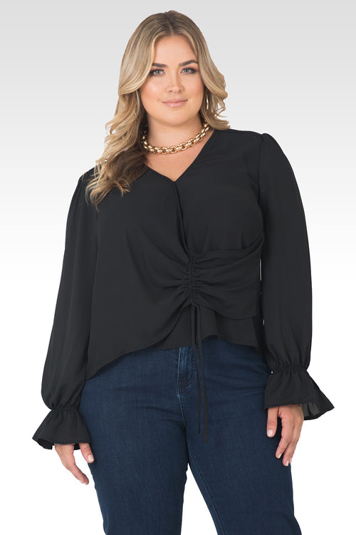Plus Size Vera Solid Tie Front Flute Sleeve Blouse-Black