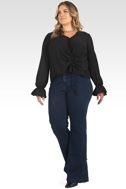 Plus Size Vera Solid Tie Front Flute Sleeve Blouse-Black
