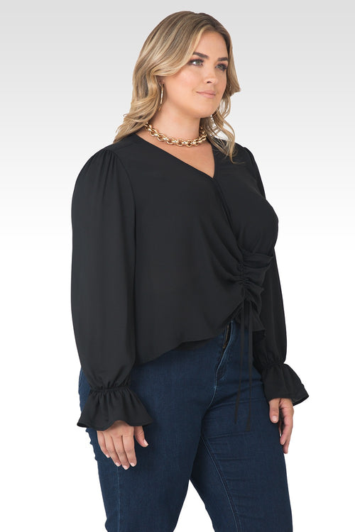 Plus Size Vera Solid Tie Front Flute Sleeve Blouse-Black