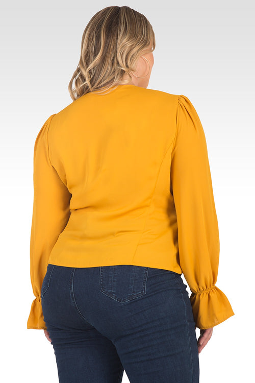 Plus Size Vera Solid Tie Front Flute Sleeve Blouse