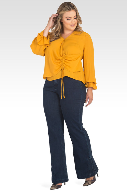 Plus Size Vera Solid Tie Front Flute Sleeve Blouse