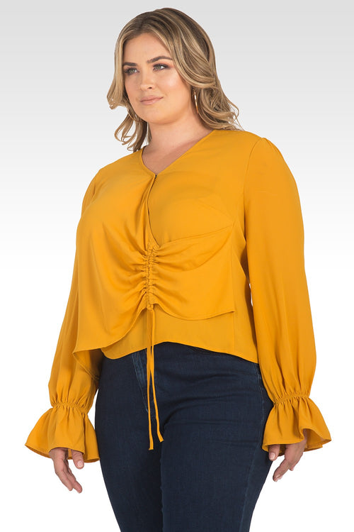 Plus Size Vera Solid Tie Front Flute Sleeve Blouse