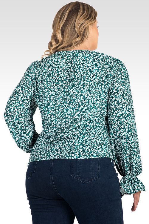 Vera Green Leopard Print Tie Front Flute Sleeve Blouse