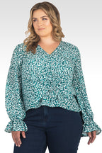 Vera Green Leopard Print Tie Front Flute Sleeve Blouse