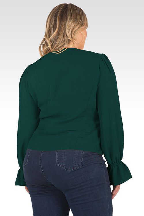 Plus Size Vera Solid Tie Front Flute Sleeve Blouse-Teal
