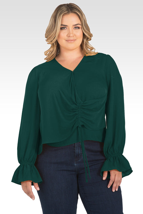 Plus Size Vera Solid Tie Front Flute Sleeve Blouse-Teal
