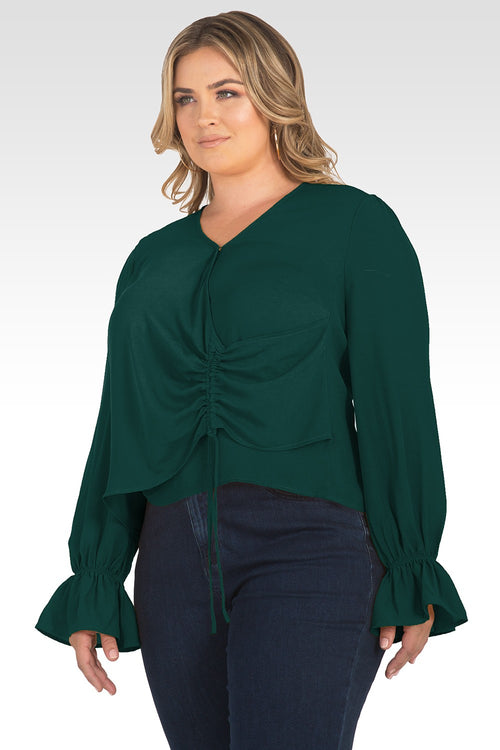 Plus Size Vera Solid Tie Front Flute Sleeve Blouse-Teal