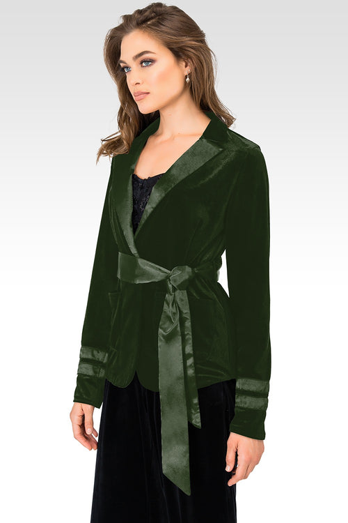 Lottie Green Stretch Velvet Wrap Smoking Jacket With Satin Lapel And Satinbelt