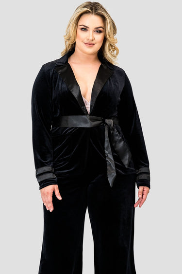 Plus Size Lottie Black Stretch Velvet Wrap  Smoking Jacket with Satin Lapel