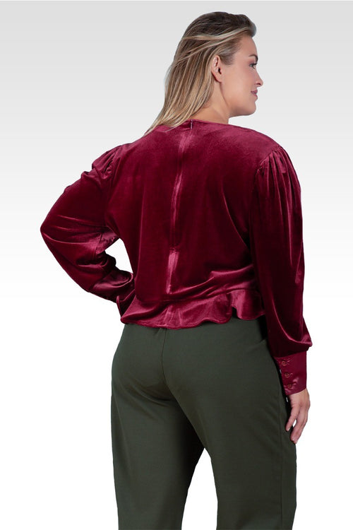 Standards & Practices Plus Size Stretch Velvet Peplum Top - Deep Red