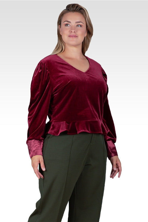 Standards & Practices Plus Size Stretch Velvet Peplum Top - Deep Red