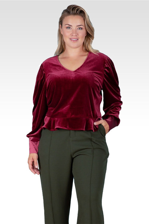 Standards & Practices Plus Size Stretch Velvet Peplum Top - Deep Red