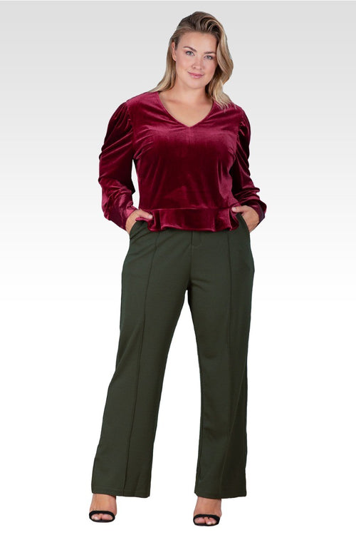 Standards & Practices Plus Size Stretch Velvet Peplum Top - Deep Red