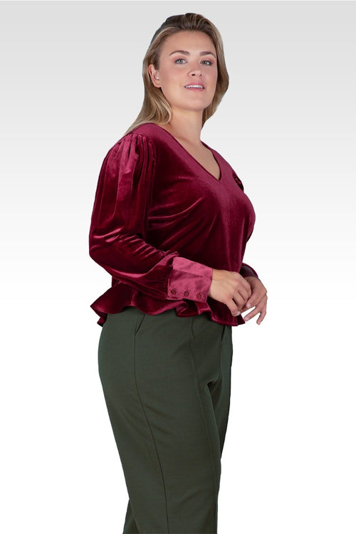 Standards & Practices Plus Size Stretch Velvet Peplum Top - Deep Red