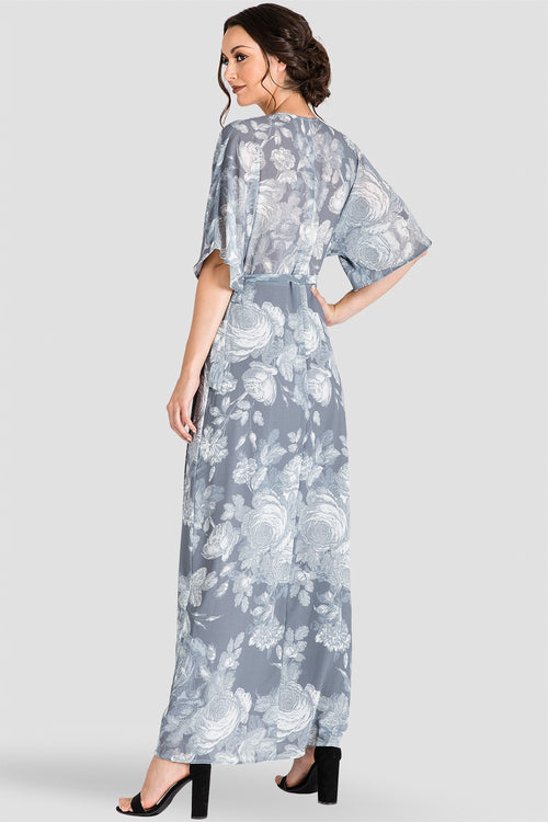 Women's Gray Floral Kimono Wrap Maxi Dress 