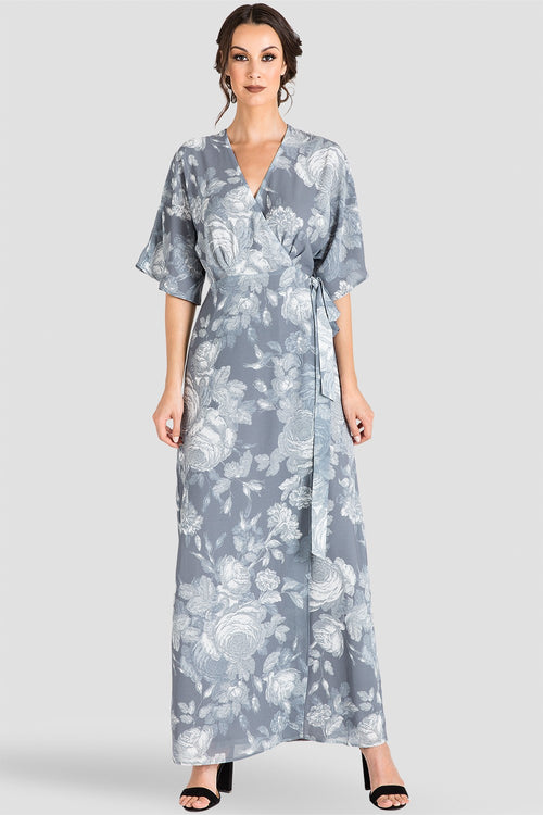 Gray Floral Chiffon Kimono Maxi Dress 