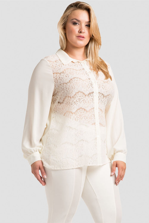 Plus Size Women's Button-Up Collared Shirt White Lace