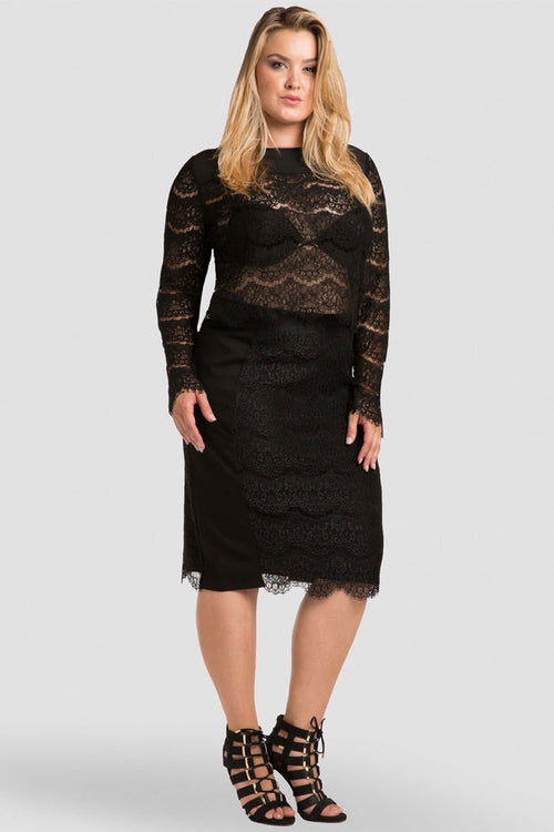 Women plus size black lace midi skirt