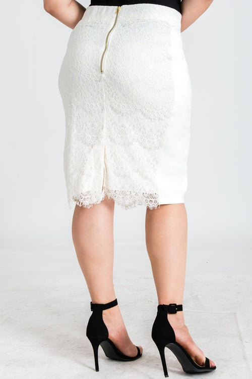 Plus Size Tori Ivory Pencil Skirt in Ponte and Lace
