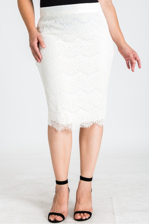 Plus Size Tori Ivory Pencil Skirt in Ponte and Lace