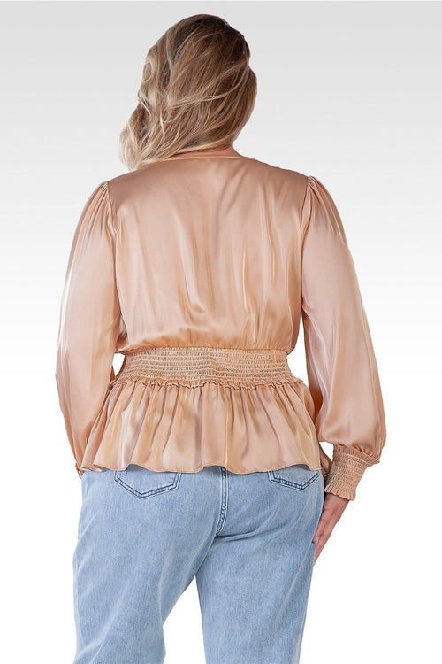 Stephanie Women's Plus Size Satin V-Neck Long Sleeves Blouse