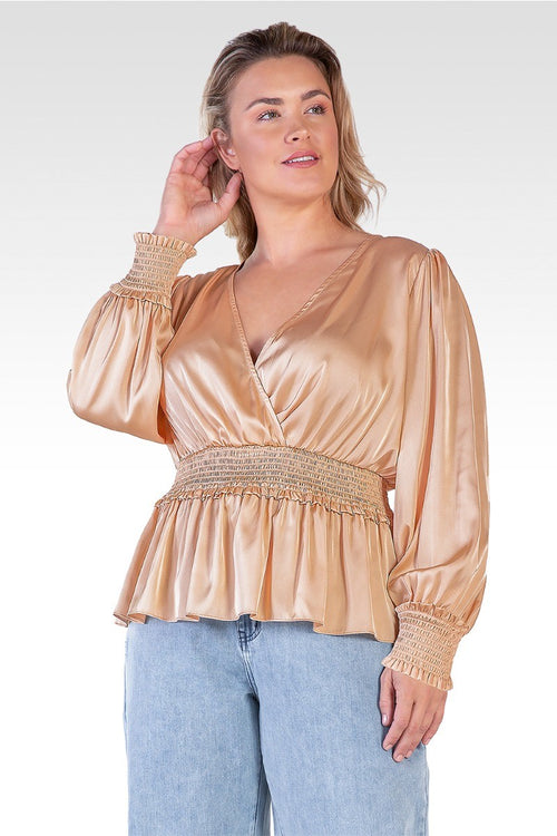 Stephanie Women's Plus Size Satin V-Neck Long Sleeves Blouse