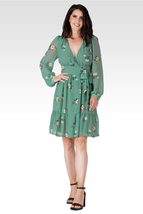 Preslee Women's Sage Green Floral Print Wrap Mini Dress