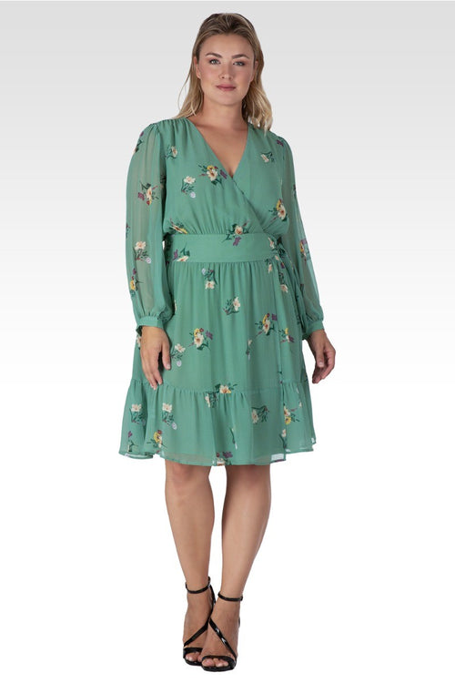 Preslee Women's Plus Size Sage Green Floral Print Wrap Mini Dress