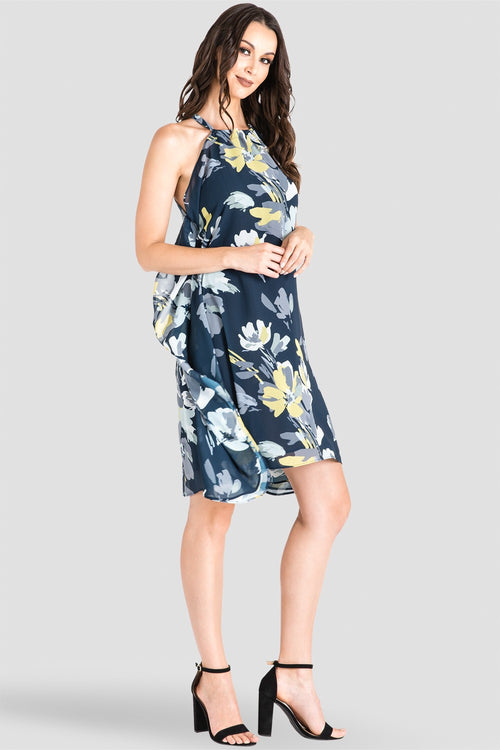 Women's Navy Floral Print Trapeze Dress 