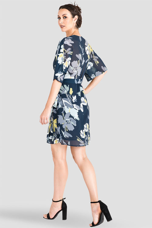 Standards & Practices Chiffon Navy Floral Knee Length Kimono Wrap Dress 