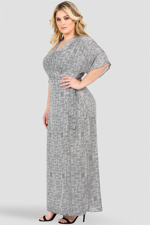 Plus Size Black & White Tribal Print Long Wrap Dress 