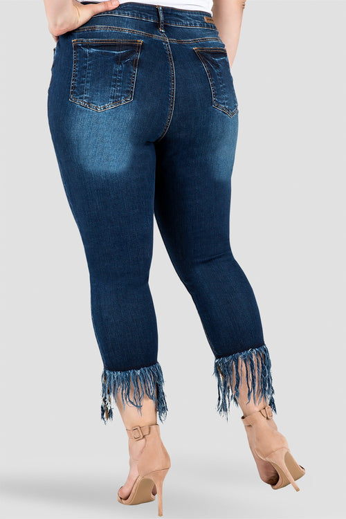 Plus Size Laura Fringe Frayed Hem Distressed Indigo Stretch Jeans Back