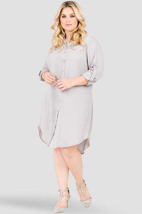 Plus Size Women's Light Grey Long-Sleeved Shirt Dress 