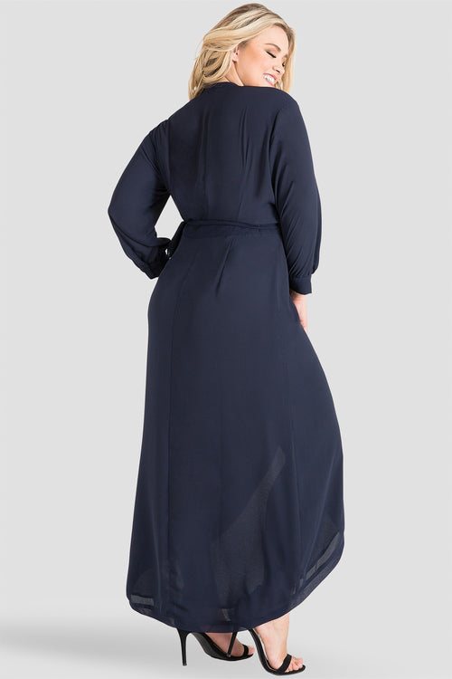 Plus Size Women's Midnight Blue V-Neck Kimono Wrap High-Low Dress